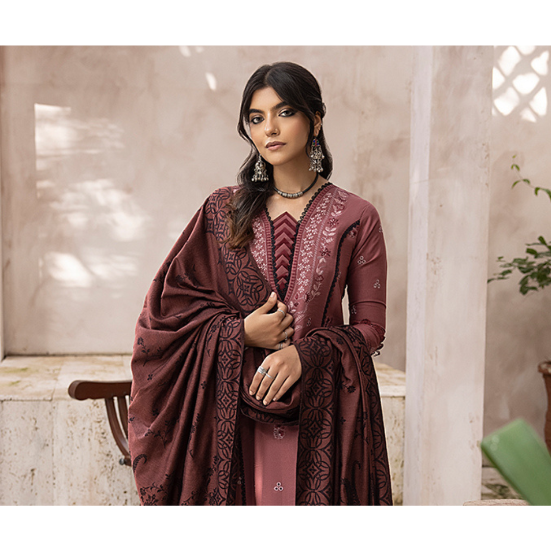 Humdum ELAK Embroidered Khaddar Shirt with Jacquard Shawl and Plain Trouser