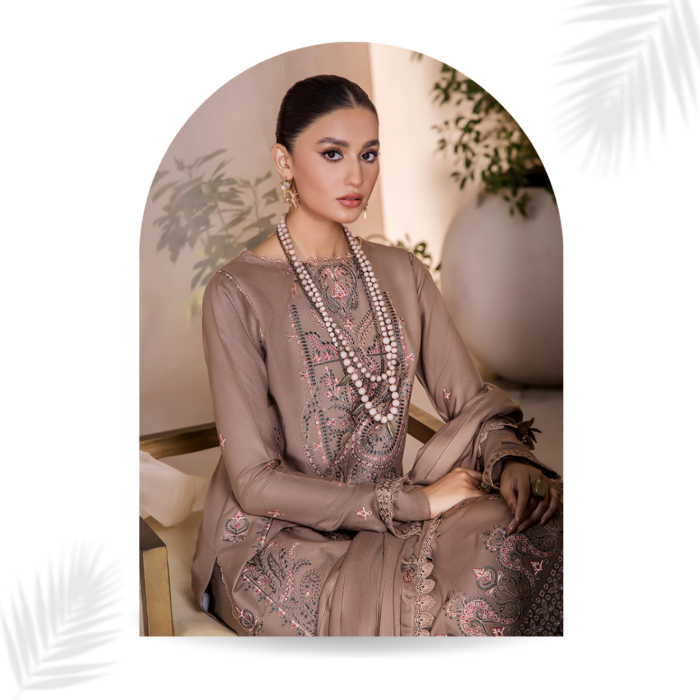 Humdum JAHAN E SUKHAN Embroidered Peach Shirt and Embroidered Shawl with Plain Trouser