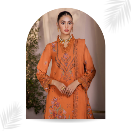 Humdum JAHAN E SUKHAN Embroidered Peach Shirt and Embroidered Shawl with Plain Trouser