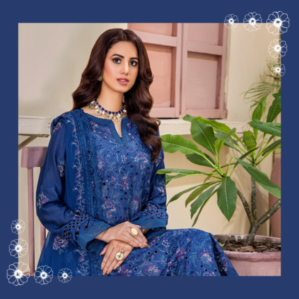 Humdum RUMLI Embroidered Karandi Shirt and Embroidered Chiffon Dupatta with Karandi Plain Trouser