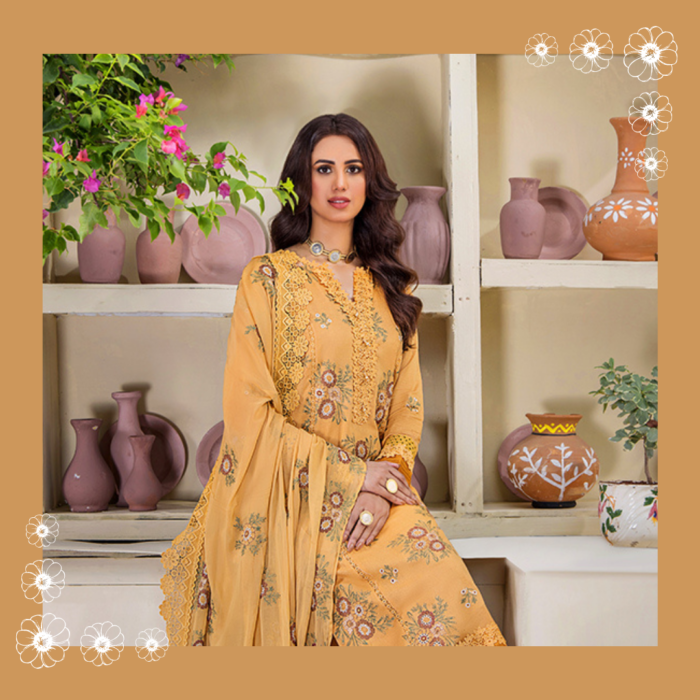 Humdum RUMLI Embroidered Karandi Shirt and Embroidered Chiffon Dupatta with Karandi Plain Trouser