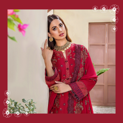 Humdum RUMLI Embroidered Karandi Shirt and Embroidered Chiffon Dupatta with Karandi Plain Trouser