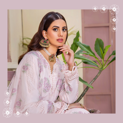 Humdum RUMLI Embroidered Karandi Shirt and Embroidered Chiffon Dupatta with Karandi Plain Trouser