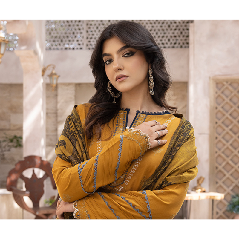 Humdum ELAK Embroidered Khaddar Shirt with Jacquard Shawl and Plain Trouser