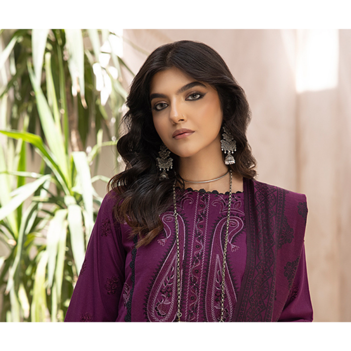 Humdum ELAK Embroidered Khaddar Shirt with Jacquard Shawl and Plain Trouser