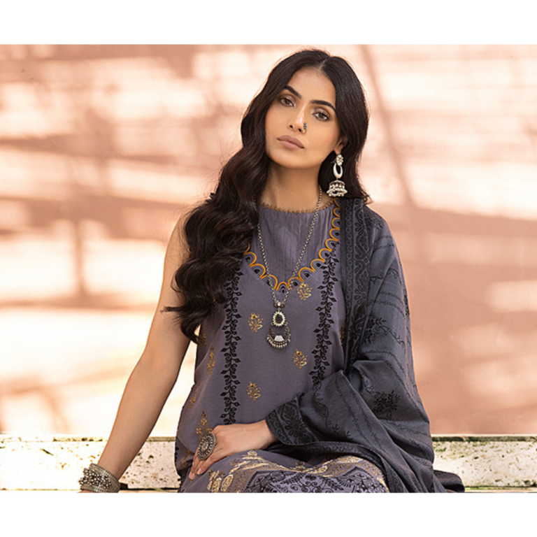 Humdum ELAK Embroidered Khaddar Shirt with Jacquard Shawl and Plain Trouser