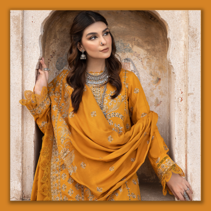 Humdum VASAL Embroidered Peach Leather Shirt and Embroidered Wool Shawl with Peach Leather Plain Trouser